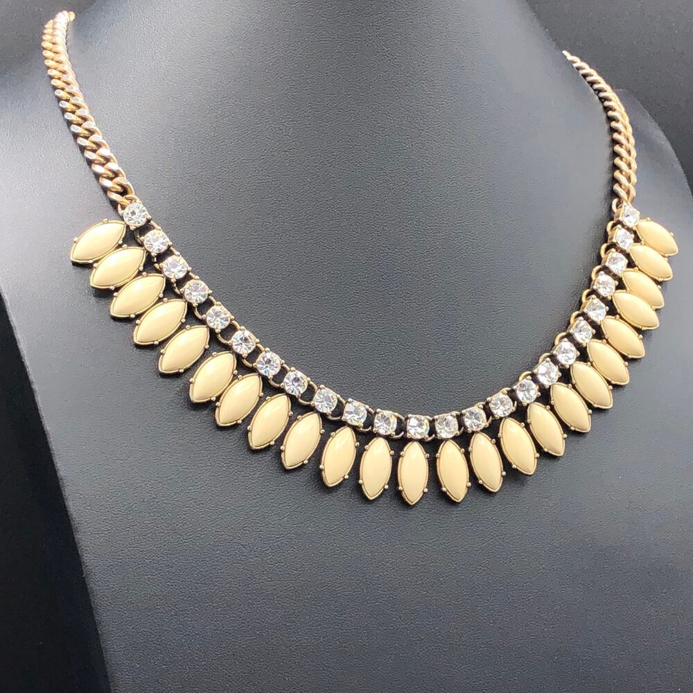 J.Crew 90s Vintage Bib‎ Necklace 20" Cream Marquise Cut Cabochons Clear Crystals